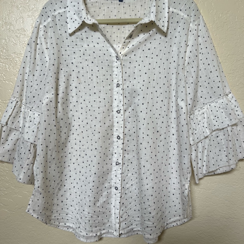 Democracy White Cotton Star Button Down Ruffle Sleeve Top Blouse Size large